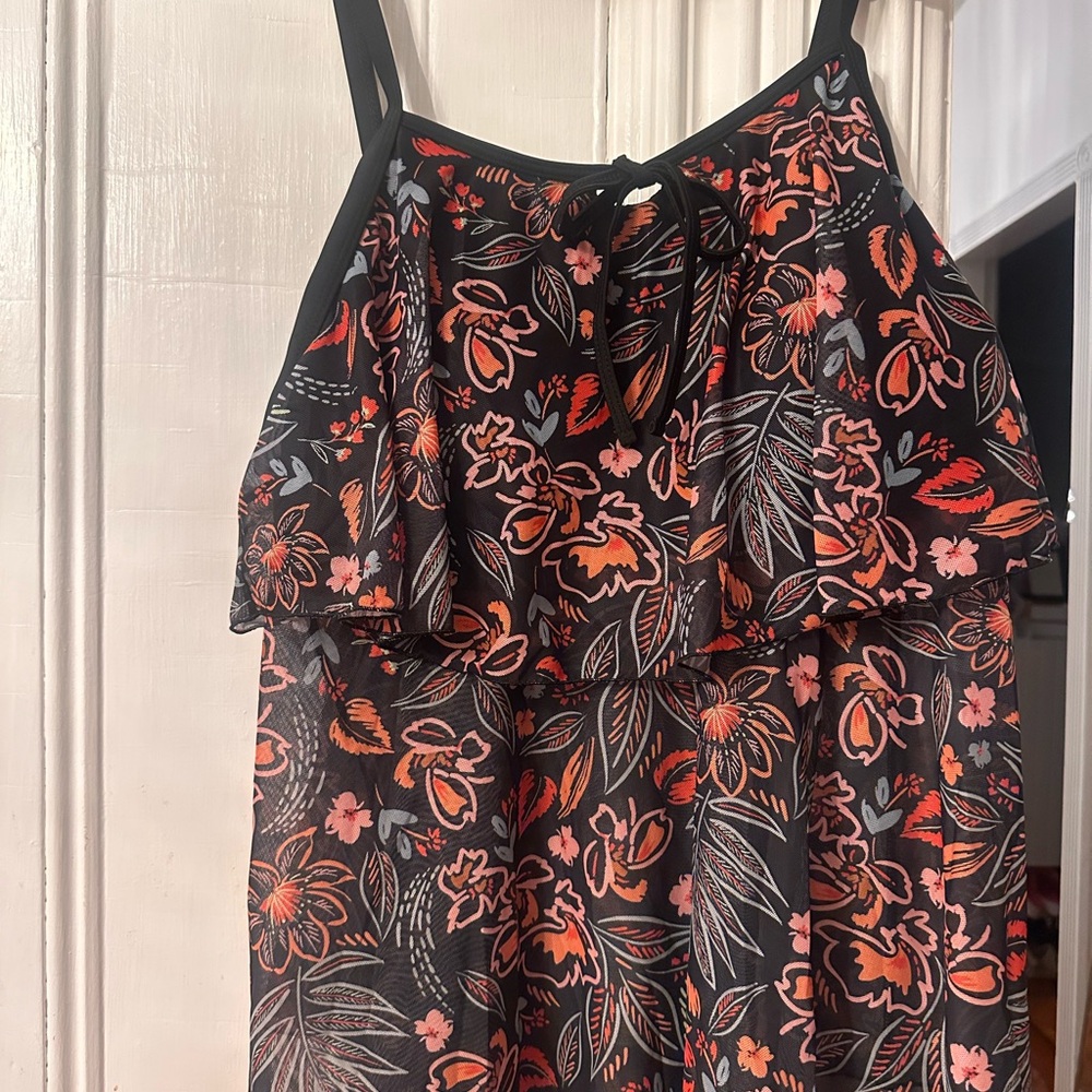 Black/ Orange Floral Swimsuit  w/ black short style bottoms. Also nice w/capris